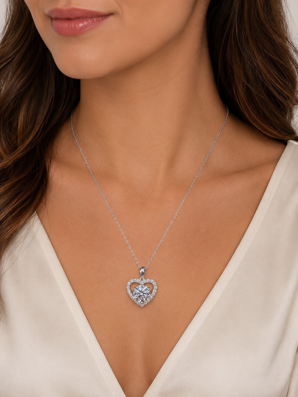 2Ct Solitaire Moissanite Heart Halo Necklace Sterling Silver 18” Chain GRA - Picture 2 of 9